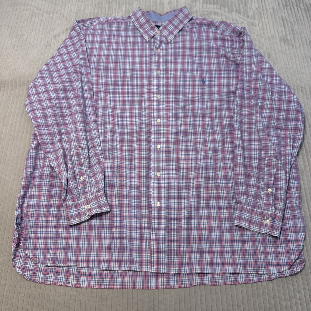 Polo Ralph Lauren Mens 3XB Big & Tall Blue Pink Plaid Stretch Long Sleeve Button